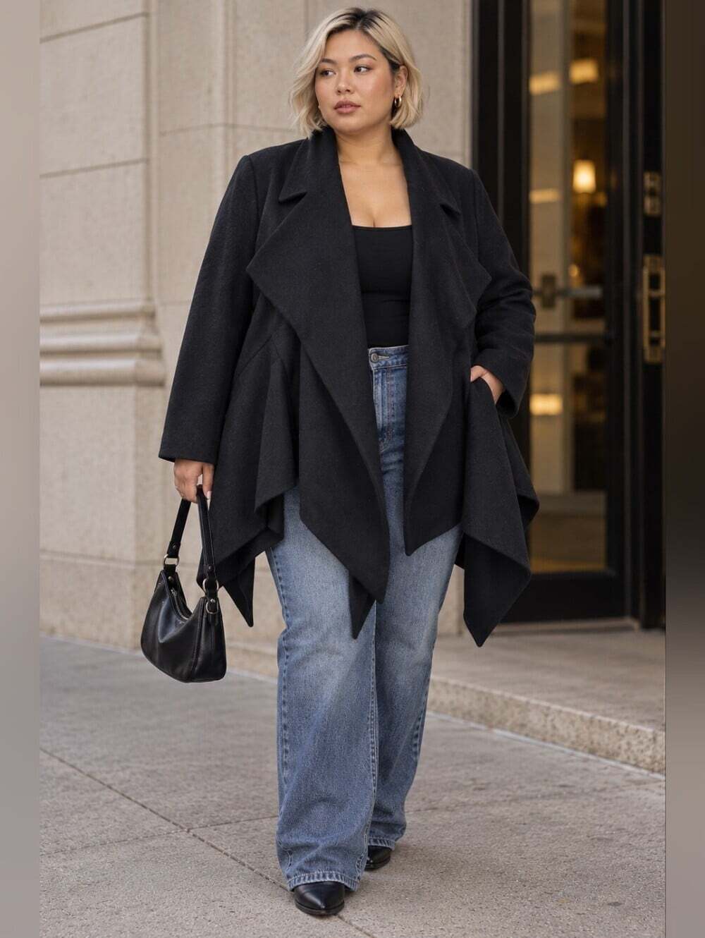 Zara Woman Black 100% Wool Waterfall Draped Cape Coat Asymmetrical Jacket L